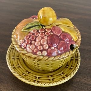 Sarreguemines France jam pot w/lid, saucer